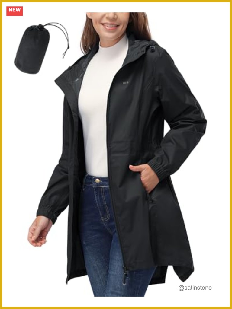 Women's Waterproof Long Rain Coat With Hood Packable Trench Jacket